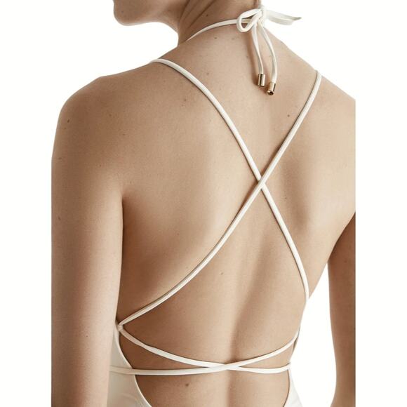 SAND & BLUE Cher mesh net plunge neck luxe one piece swimsuit in ecru Size L NEW - Picture 5 of 9